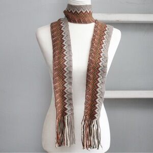 Vintage Women's Brown Tan Multicolor Zig-Zag Knit Fringe Thin Neck Scarf